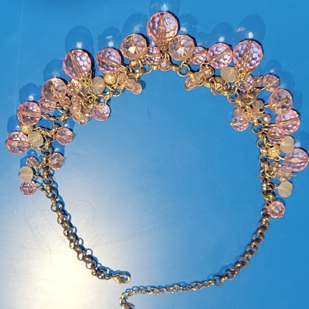 Gold Chain Beaded Pink Crystal Necklace Layered Textured Beads of Pink & Gold - Picture 4 of 5
